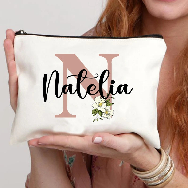 Floral Letters Custom Name Makeup Bag Best Gift for Bridesmaid Teachers Friends Women Purse Personalise Gift for Birthday