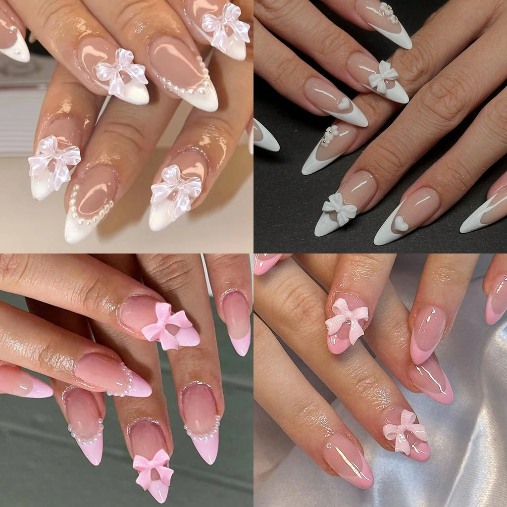 ARTAUG 96PCS Pressed French Almond False Nails With 3d Bow Pearl And Flower Designs, Reusable Acrylic False Nails