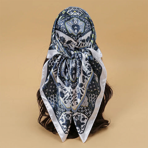 Satin Square Scarf Women Muslim Hijab Elegant 2025 Print Silk Neckerchief Shawl Wraps Headband Handle Hair Accessories Bandana