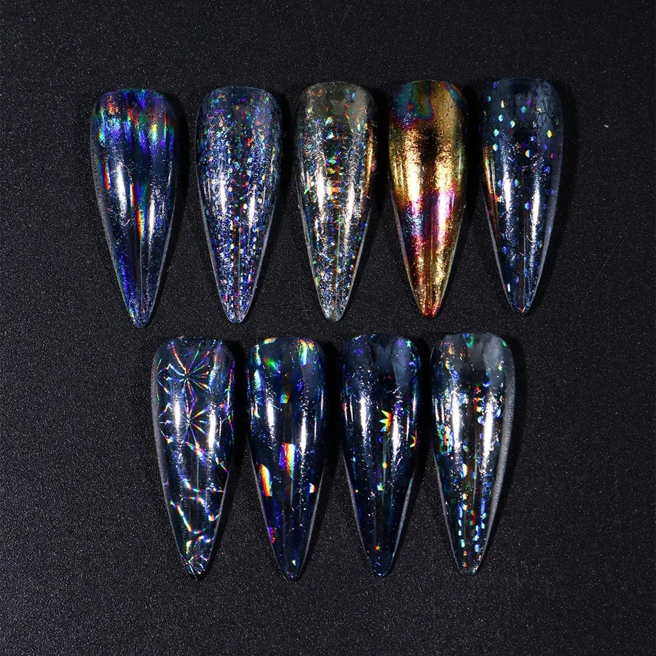 9PCS/Bag Nail Transfer Stickers Laser Patterns Holographic Design Gel Decal Foil Slider Art Decoration Manicure Accessories Tool