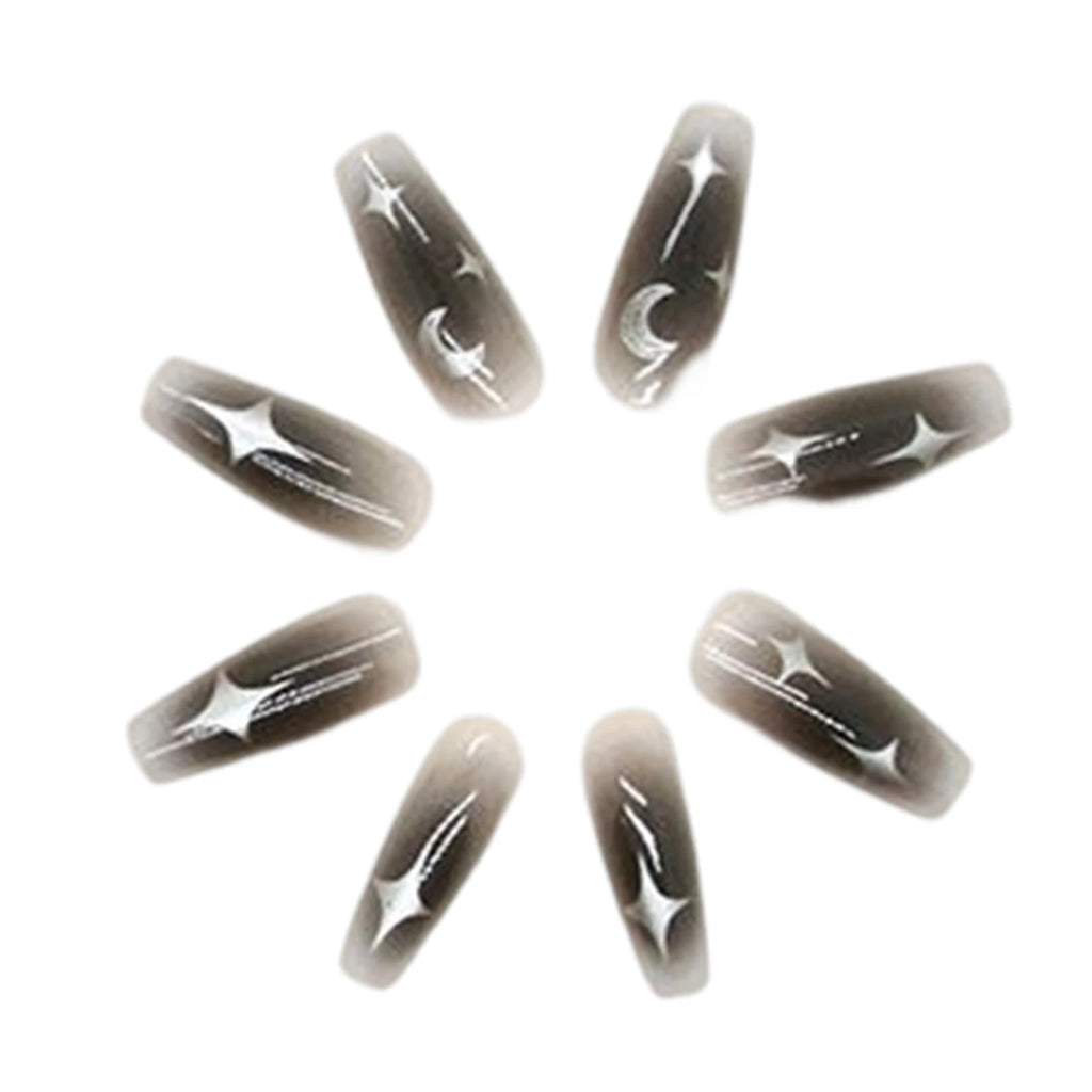24pcs Y2k Star Press On Nails Gradient Black Mid-length Coffin False Nail Tips Full Cover Moon Designs Fake Nail For Cool Girls