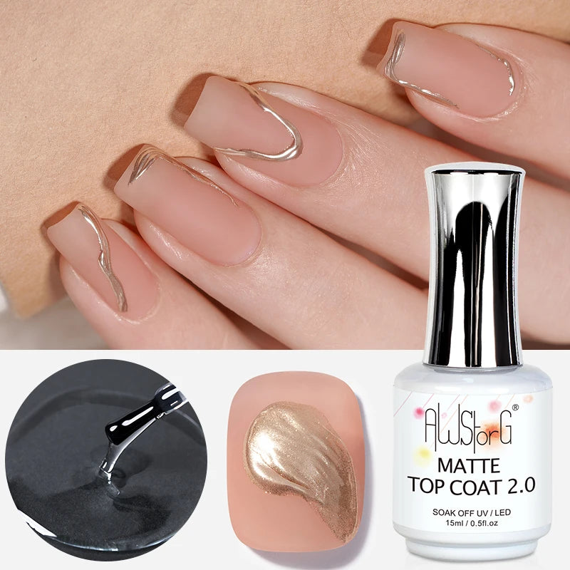 AWStorG 15ml Matt Top Coat 2.0 Non-stick Powder Nail Polish Varnish Semi Permanent Soak Off Gel Nail Polish Manicure Art