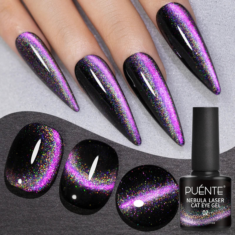 PUENTE 7.5ML Sparkling Pinkish Purple Laser Cat Magnetic Gel Nail Polish Holographic Rainbow Effect Soak Off UV Nail Art Varnish