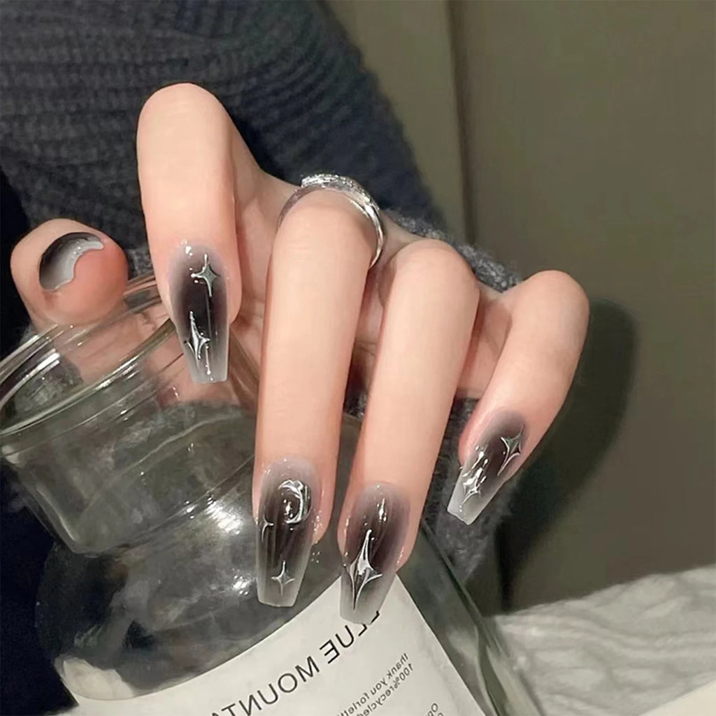 24pcs Y2k Star Press On Nails Gradient Black Mid-length Coffin False Nail Tips Full Cover Moon Designs Fake Nail For Cool Girls