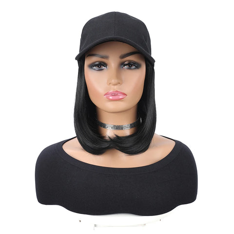 Baseball Cap with Synthetic Hair Extensions Heat Resistant 10 Inch Adjustable Short Straight Bob Wigs in Hat for Women Daily Use