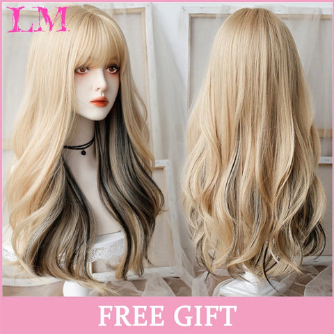 LM Synthetic Hair Long Wave Black And Pink Lolita Wigs For Women Cosplay Wig With Bangs Halloween Christmas Heat Resistant