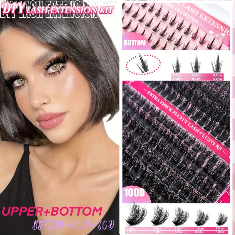 DIY False Eyelash Extension Kit, Individual Lash Clusters Bottom & Upper Lashes, Extra Thick & Fluffy Lashes for Beginners DIY