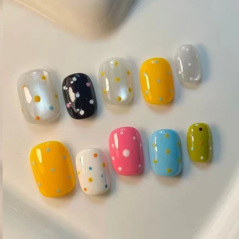 10Pcs Short Oval Shape Colorful Dopamine-inspired Small Fresh Press on Nails Detachable Nail Patches Polka Dot Fake Nails Art