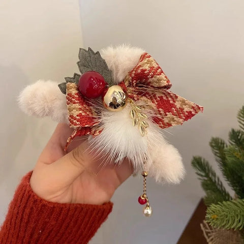 1/2pcs Elegant Christmas Plush Bow Tassel Hair Claw Clips for Women-Holidays, Christmas Day, Thanksgiving Gifts