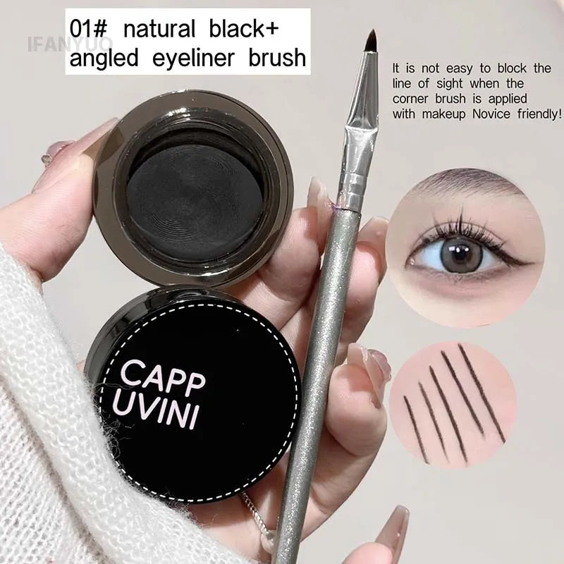 Natural Black Eyeliner Gel Cream with Brush Waterproof Lasting Non Smudging Matte Brown Easy Wear Eyebrow Silkworm 3 in 1 Makeup