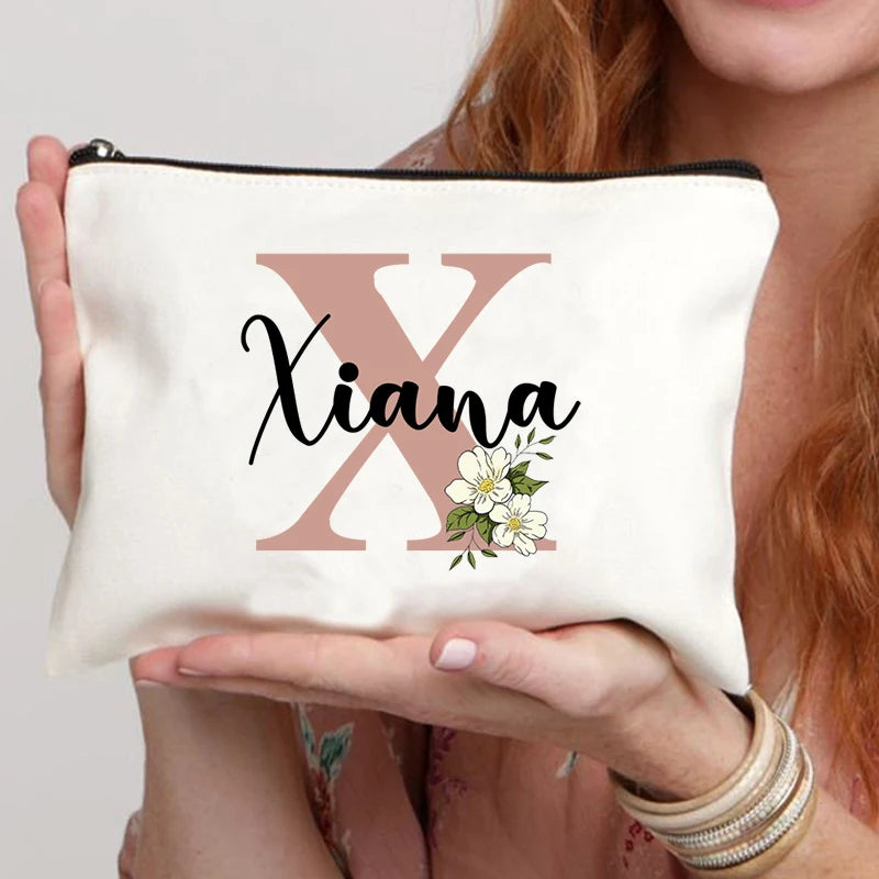 Floral Letters Custom Name Makeup Bag Best Gift for Bridesmaid Teachers Friends Women Purse Personalise Gift for Birthday