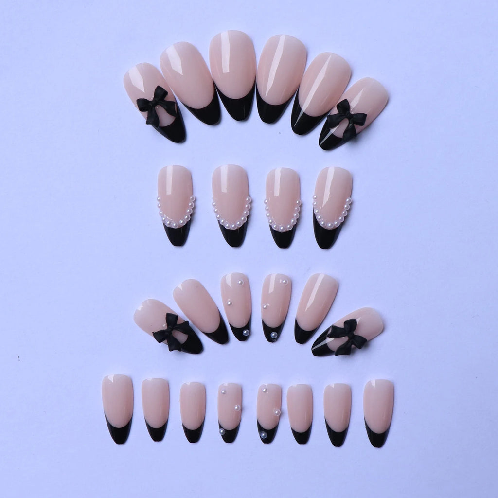 ARTAUG 96PCS Pressed French Almond False Nails With 3d Bow Pearl And Flower Designs, Reusable Acrylic False Nails