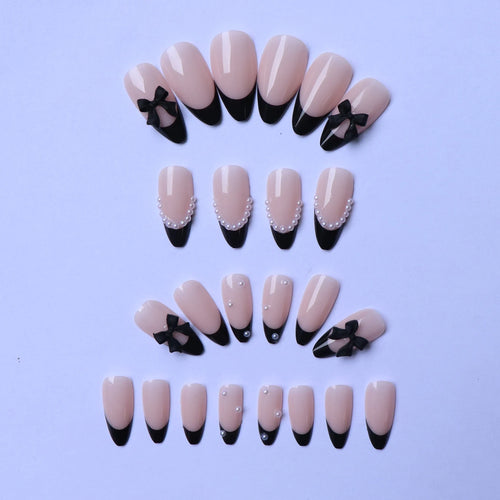 ARTAUG 96PCS Pressed French Almond False Nails With 3d Bow Pearl And Flower Designs, Reusable Acrylic False Nails