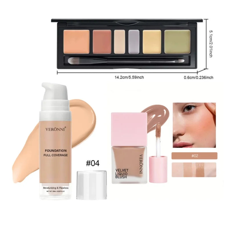 Beginner Makeup Set- Foundation, Concealer &Blush, Fresh Girly Glow,Quick Commuter Face Kit Smooth & Natural Finish, Lightweight