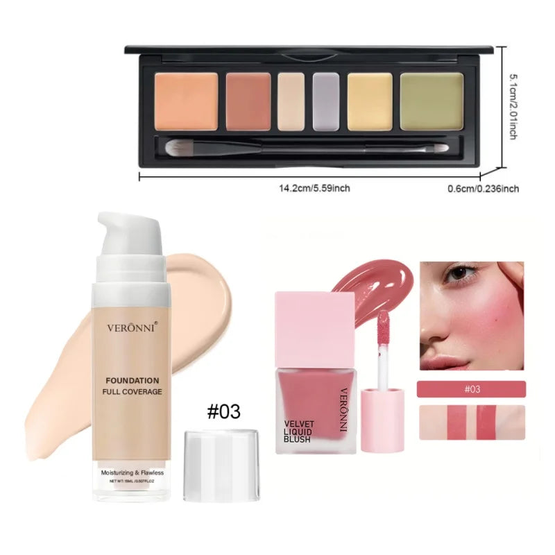 Beginner Makeup Set- Foundation, Concealer &Blush, Fresh Girly Glow,Quick Commuter Face Kit Smooth & Natural Finish, Lightweight