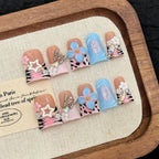 10pcs Handmade Fake Nails Duckbill Shaped Press On Nails Colorful Leopard-print French False Nails With 3D Carved Flower Designs