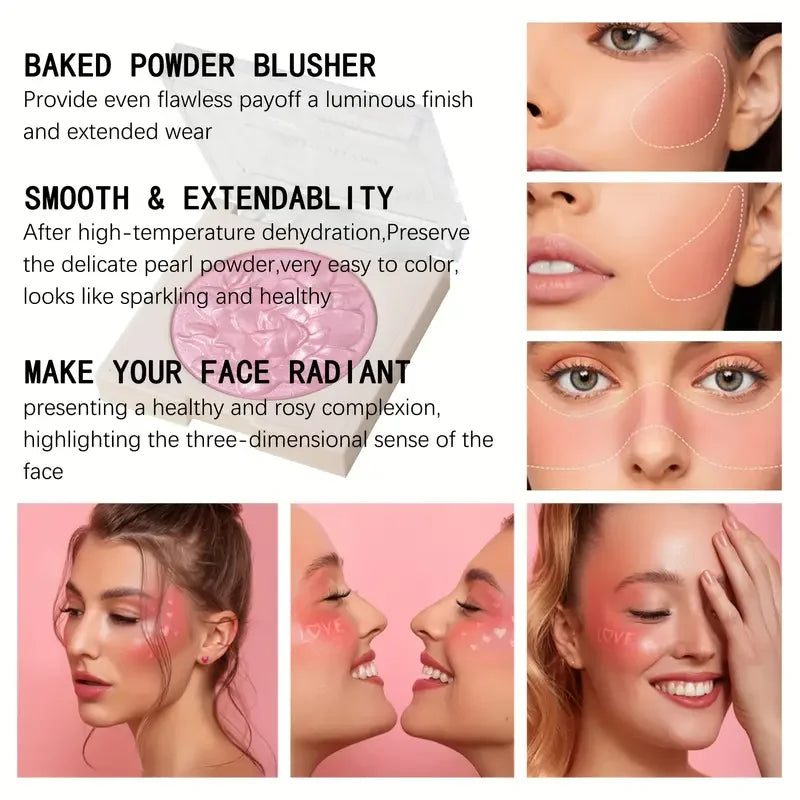 Multi-Color Glossy Blush Highlighter, Baking Process, Moisturizing and Glossy Makeup Effect, Light and Easy to Color with Texture, Facial Brightening, with Pearlescent Brightening Effect, Rose Blush Palette