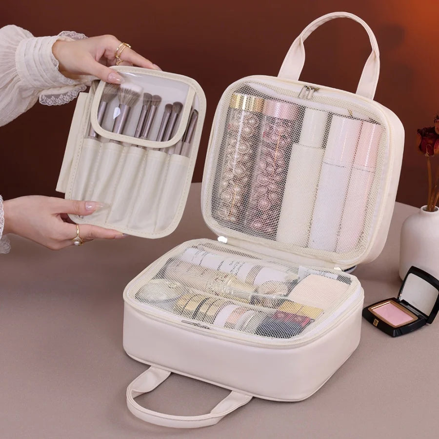 Multifunctional Makeup Bag For Women PU Leather Large Capacity Portable Double Zipper Travel Makeup Brush Toiletries Storage Bag