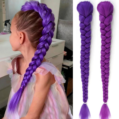 Synthetic Braided Purple Hair Ponytail Rumi Costume Hairstyle 26inch Long Ponytail with Clips for Kids Girls Halloween Christmas