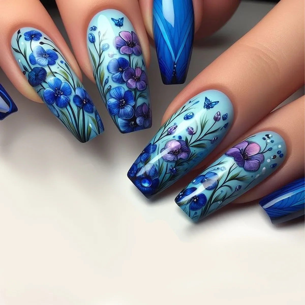 24pcs/set Medium long square fake nails for women girls cute heart flowers feather butterfly design press on false nail art tips