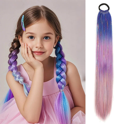 Purple Red Pink Tinsel Ponytail Extension with Elastic Hair Tie Synthetic Braiding Hair For Kids Girls Crazy Hair Day Brave Hair