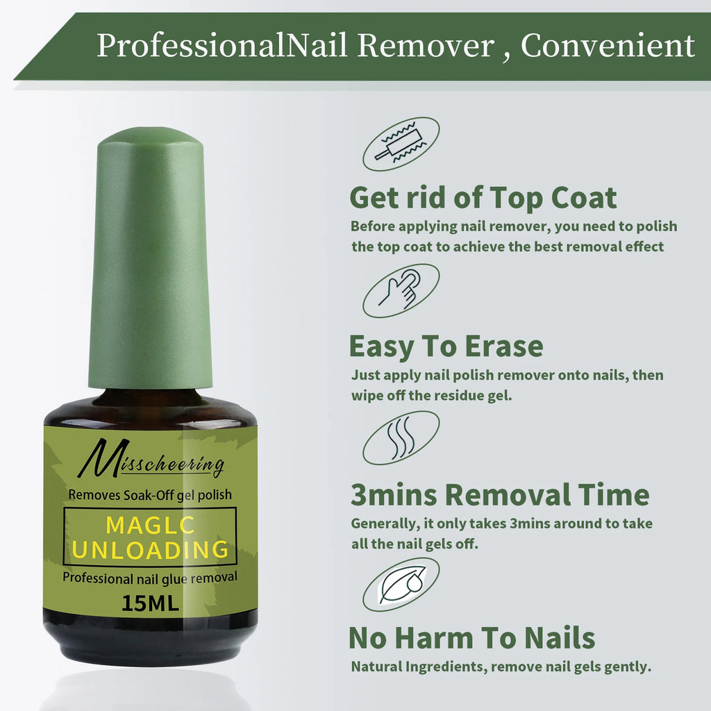 Misscheering 15ml Magic Fast Nail Gel Polish Remover Clean UV Soak Off Semi Permanent Varnish Nail Art Removal Tools Manicure