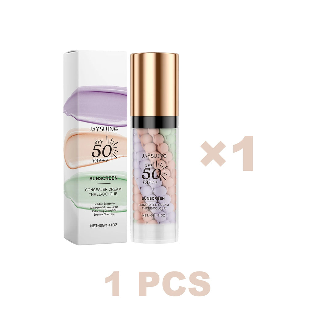 Jaysuing 40g Isolation Sunscreen Tri-Color Cream Waterproof Sweatproof Makeup Foundation Natural Makeup Base Cream Long Lasting