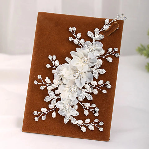 White Silk Flower Hair Clips Elegant Pearls Headpieces Rhinestone Leaf Hairpins Bride Wedding Hair Jewelry Bridal Headdress