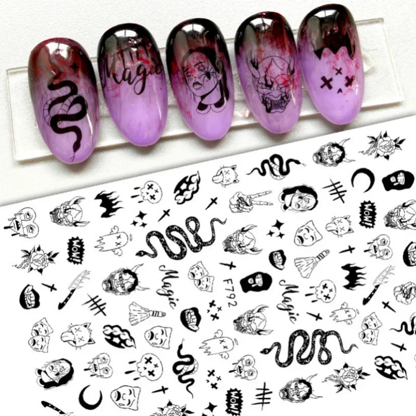 Adhesive stickers with European and American style cross snake black and white wave dot hot silver line letter nail stickers