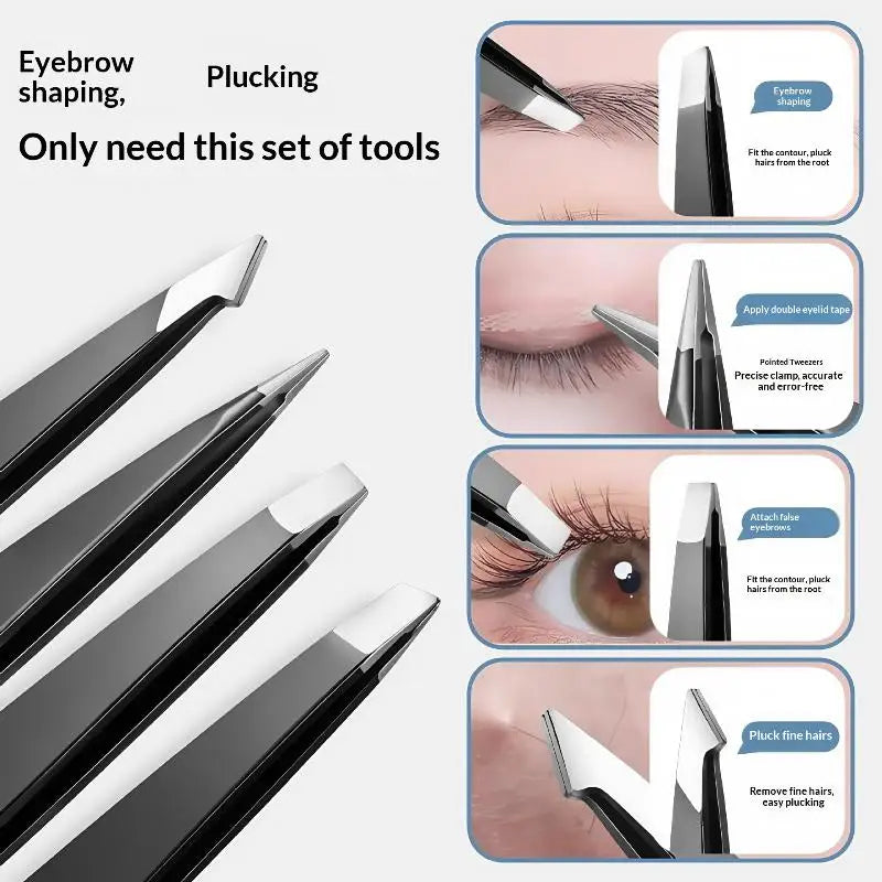 4 Pcs Stainless Steel Eyebrow Clip Tweezers Set Eyebrow Tweezers Eyebrow Trimming Set Beauty And Grooming Tools With Mirror Case