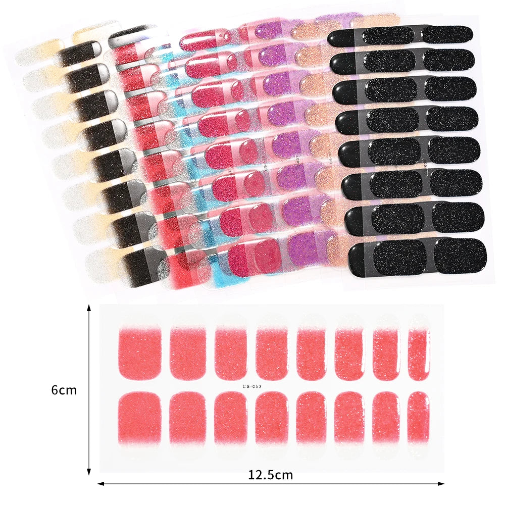 16Tips French Black Semi-Cured Nail Stickers With Glitter Long-Lasting UV Gel Nail Polish Wraps Full Cover Nail Art Decals Patch