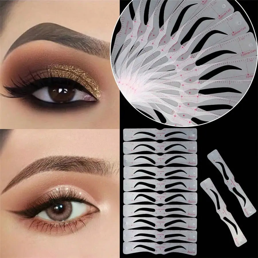 Set Of 12 Reusable Stencils And Razor - Perfect Eyebrow DIY Kit, Create Flawless Beauty