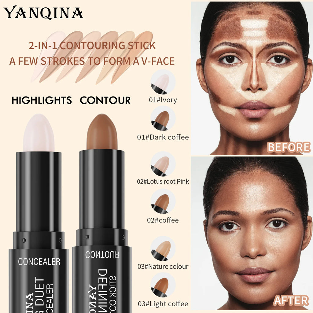 YANQINA Double-heads Contour & Highlight  Stick Sculpted Shading and V-Shape Facial Sculpting Two-in-one Concealer Pen Makeup