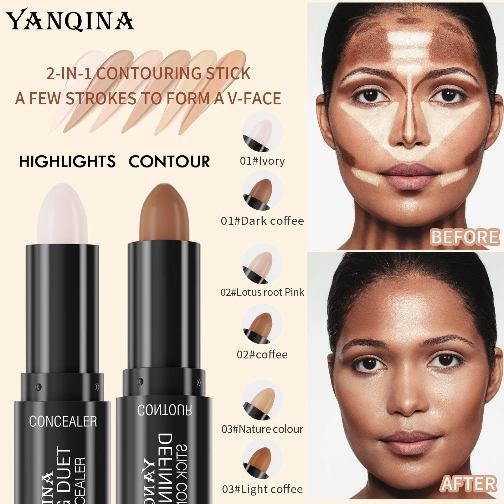 YANQINA Double-heads Contour & Highlight  Stick Sculpted Shading and V-Shape Facial Sculpting Two-in-one Concealer Pen Makeup