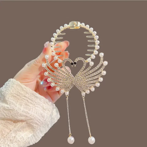 Flower Tassel Hair Clip Women Ladies Butterfly Rhinestone Pearl Metal Hair Claw Round Bun Ponytail Holder Hair Accessories