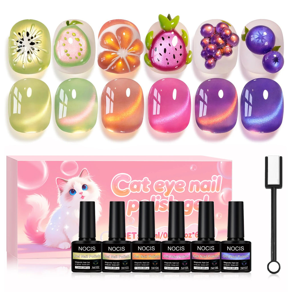 NOCIS Bottle Fruit Cat Eye 6-color Set -- Ultra Bright Cat Eye Nail Kit, 6 Colors of Magnetic Gel Polish Stylish Salon