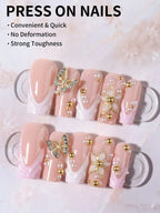 24Pcs 3D Floral French Gel Nail Stickers with Pearls, Press On Nails Set Includes Jelly Gel & Nail File
