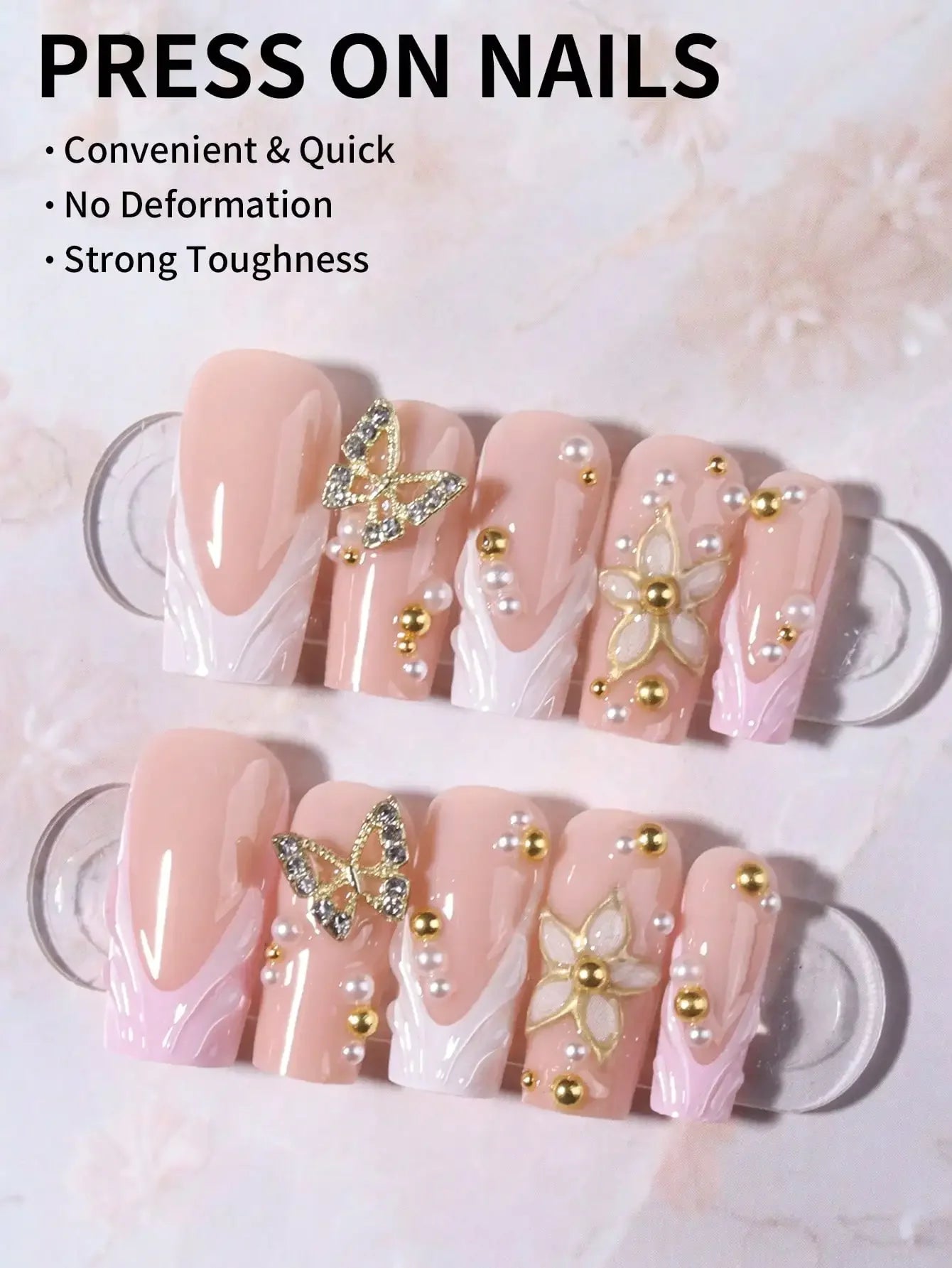 24Pcs 3D Floral French Gel Nail Stickers with Pearls, Press On Nails Set Includes Jelly Gel & Nail File