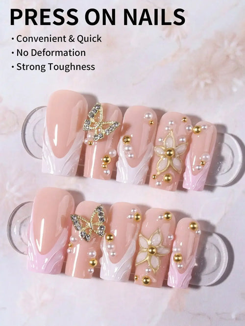 24Pcs 3D Floral French Gel Nail Stickers with Pearls, Press On Nails Set Includes Jelly Gel & Nail File