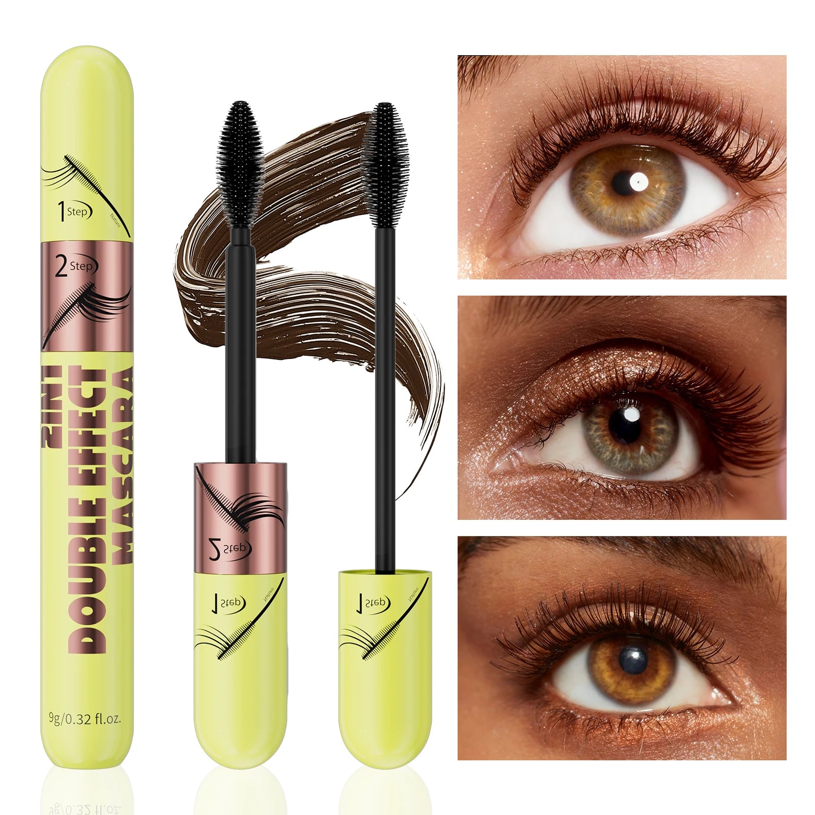 [Dual Brush Heads Brown Mascara] Waterproof Brown Mascara with Dual Brush Heads - Smudge-Proof, Clump-Free for Longer