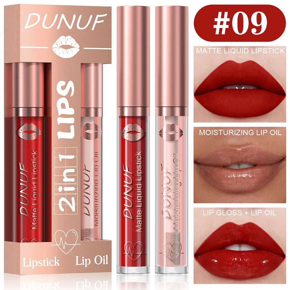 DUNUF Lip Gloss And Lip Oil Set 2-Piece Long-Lasting Waterproof Matte Moisturizing Non-Fading Lipstick Collection