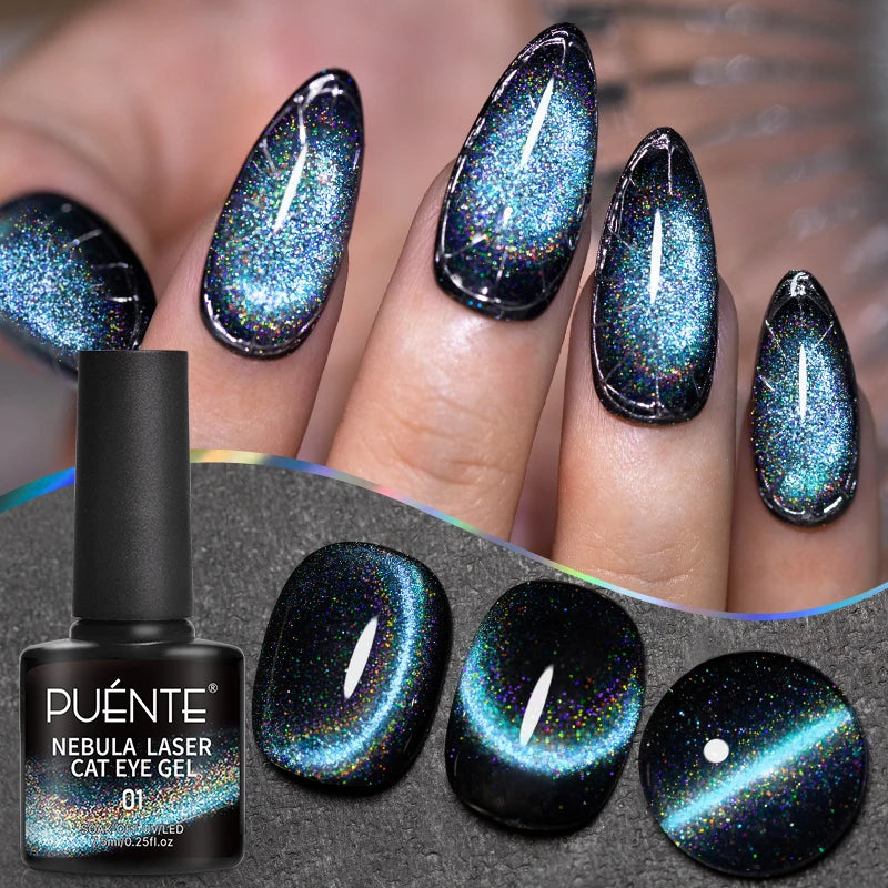 PUENTE 7.5ML Blue Laser Cat Magnetic Gel Nail Polish Sparkling Holographic Rainbow Cat Eye Gel Soak Off UV/LED Nail Art Varnish
