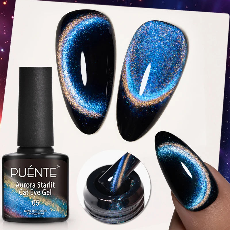 PUENTE 7.5ML Blue Laser Cat Magnetic Gel Nail Polish Sparkling Holographic Rainbow Cat Eye Gel Soak Off UV/LED Nail Art Varnish