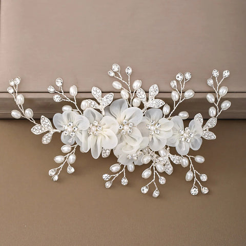 White Silk Flower Hair Clips Elegant Pearls Headpieces Rhinestone Leaf Hairpins Bride Wedding Hair Jewelry Bridal Headdress