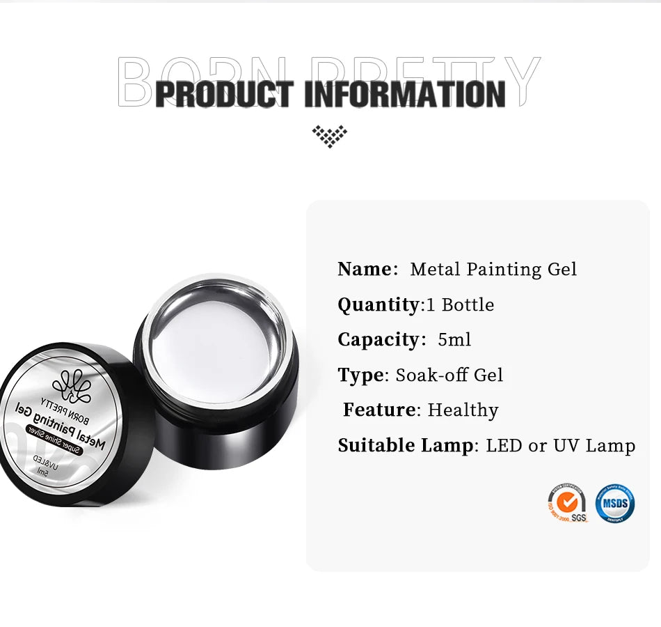 BORN PRETTY 5ml Metallic Painting Gel Polish Strong Silver Effection Nail Art Soak Off Gel Nail Polish Silver Mirror Gel