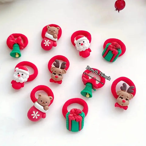 10Pcs Kids Girls Christmas Hair Ties Cute Santa Claus & Reindeer Design Festive Hair Accessories Holiday Parties Decorations