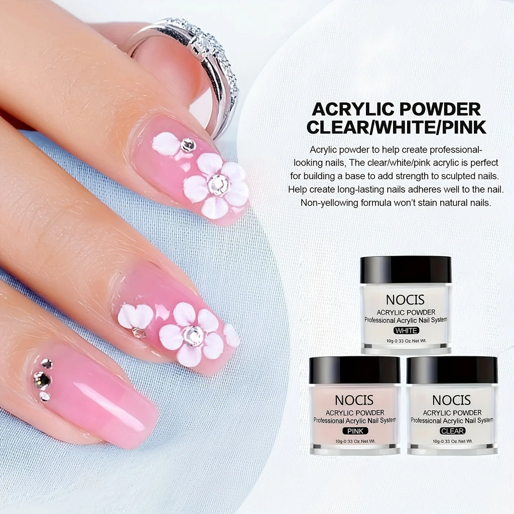 NOCIS Acrylic Nail Kit-Keratin Acrylic Powder with Castor Oil Vitamin E Nail Primer Nail Glue French Tips Pink Rhinestones Complete Tools Everything for Beginners DIY Home Salon Christmas Gift.