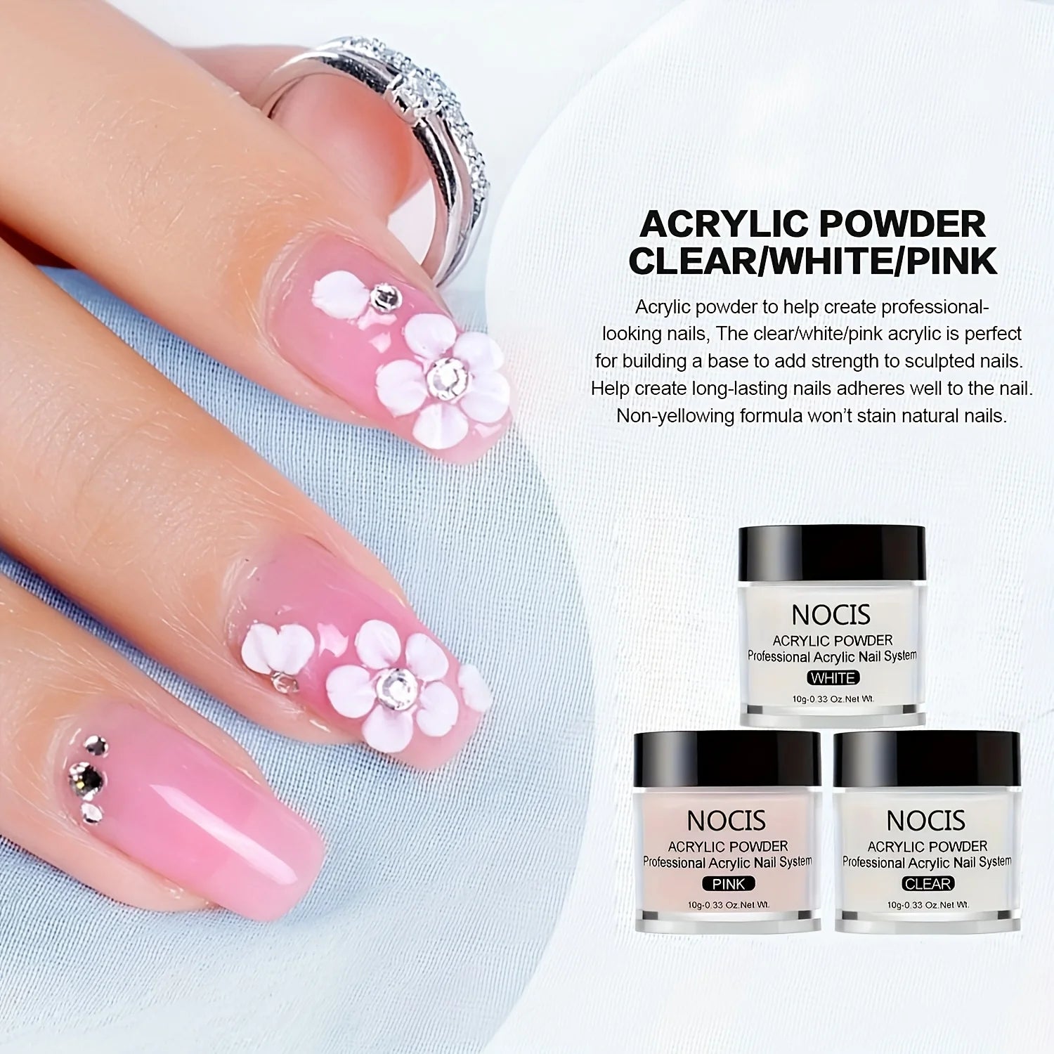 NOCIS Acrylic Nail Kit-Keratin Acrylic Powder with Castor Oil Vitamin E Nail Primer Nail Glue French Tips Pink Rhinestones Complete Tools Everything for Beginners DIY Home Salon Christmas Gift.