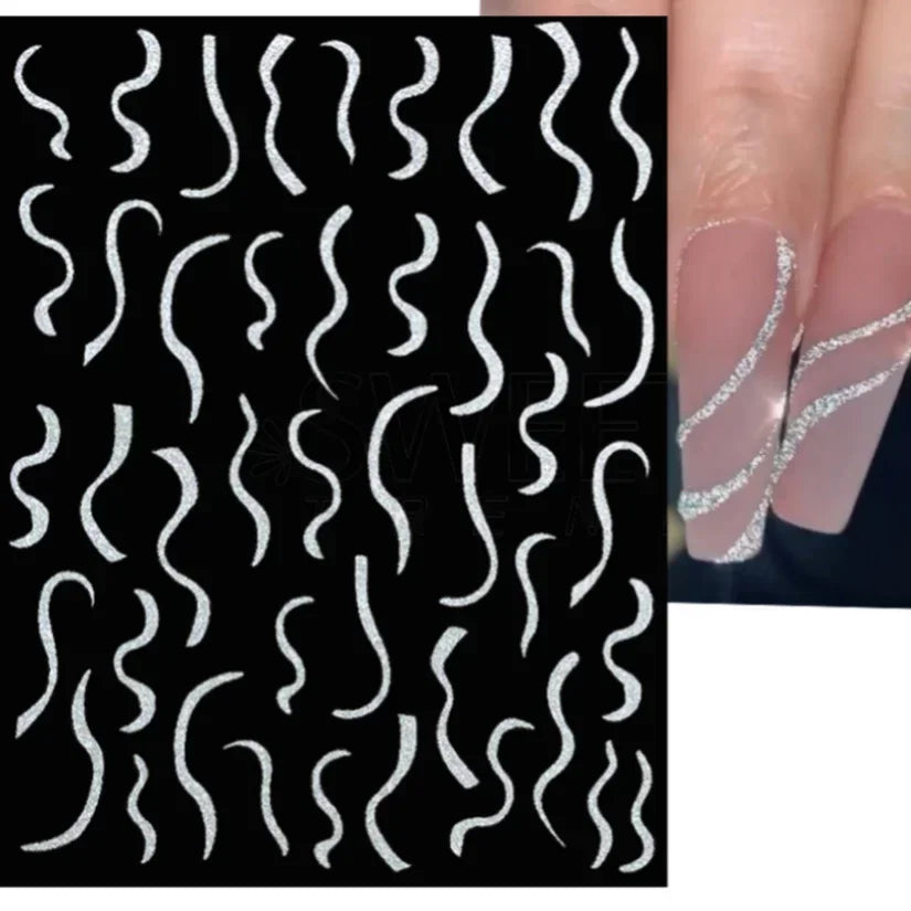 Adhesive stickers with European and American style cross snake black and white wave dot hot silver line letter nail stickers