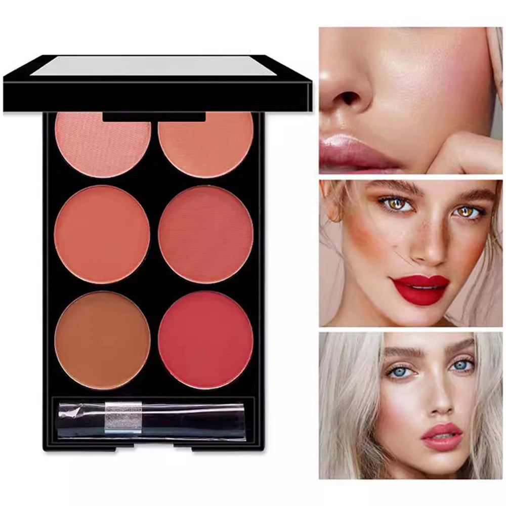 6-color blush and contouring all-in-one palette, pearlescent matte powder makeup palette glitter highlighter brighten palette